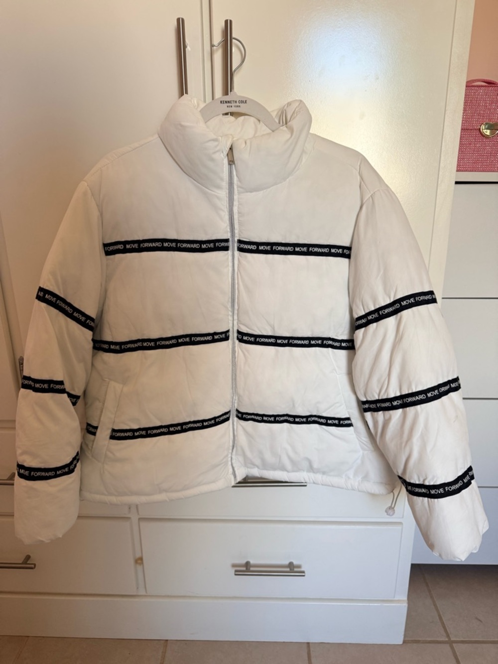 White Puffer Jacket with Black Accent Tape - Women